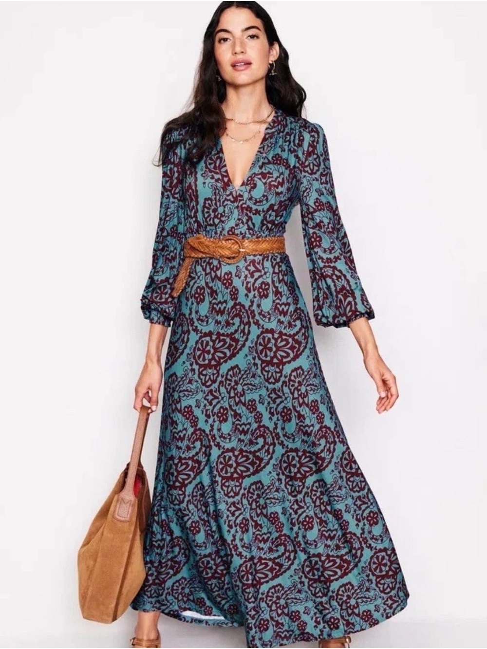 Boden Ivy Smocked  Teal and Burgundy Floral Maxi Dress - Women Sz 8